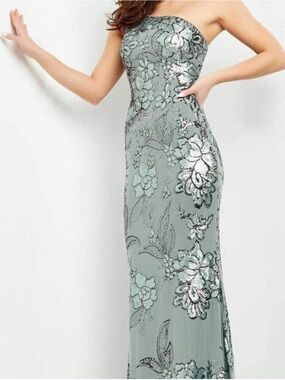 Jovani Gown Medium One Shoulder Formal Dress Prom Long Sage Sequin Cruise Party